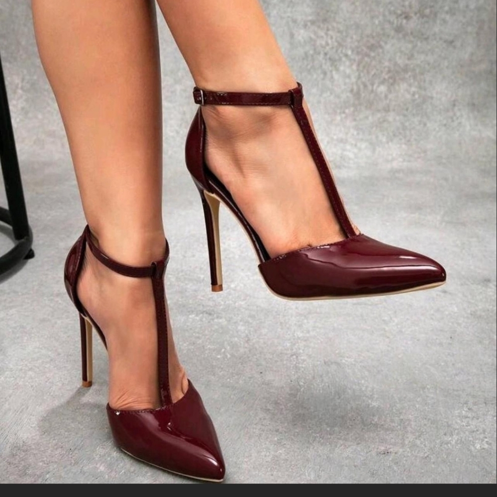 Elegant Burgundy T-Strap Heels
